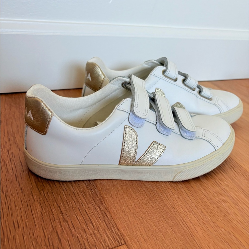 Veja White and Gold Velcro Recife Sneakers 37